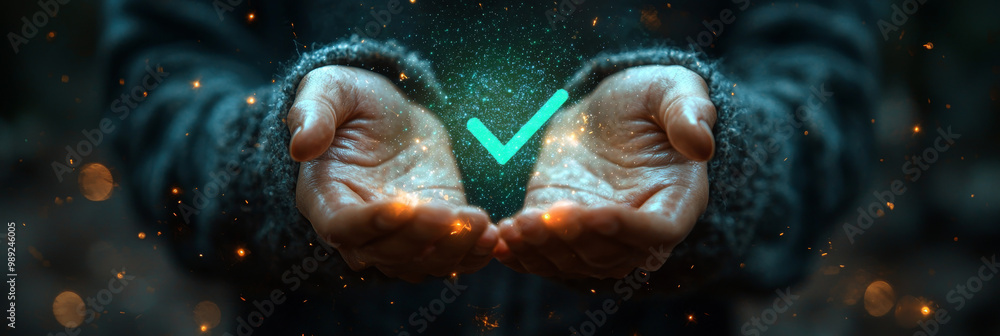 Hands cupped, a glowing checkmark appears, symbolizing success. Hands cupped, a glowing checkmark appears, symbolizing success.