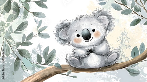 Koala's Kooky Adventures: A Whimsical Children's Storybook Illustration with Soft Doodle Charm and Eucalyptus Tree Backdrop photo