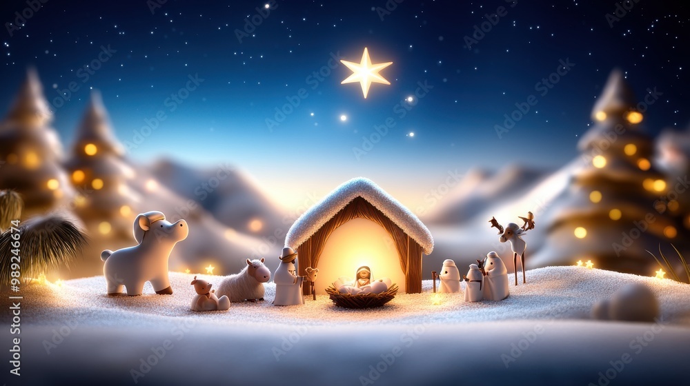 Peaceful nativity scene in a snowy landscape, with the holy family surrounded by shepherds, wise men, and animals, under the star of Bethlehem. Peaceful nativity scene in a snowy landscape, with the holy family surrounded by shepherds, wise men, and animals, under the star of Bethlehem.