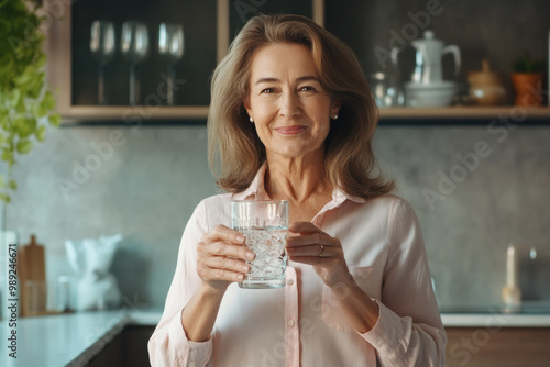 Happy healthy woman of middle age holding glass of clear water for body hydration. Morning daily hydrating treatment