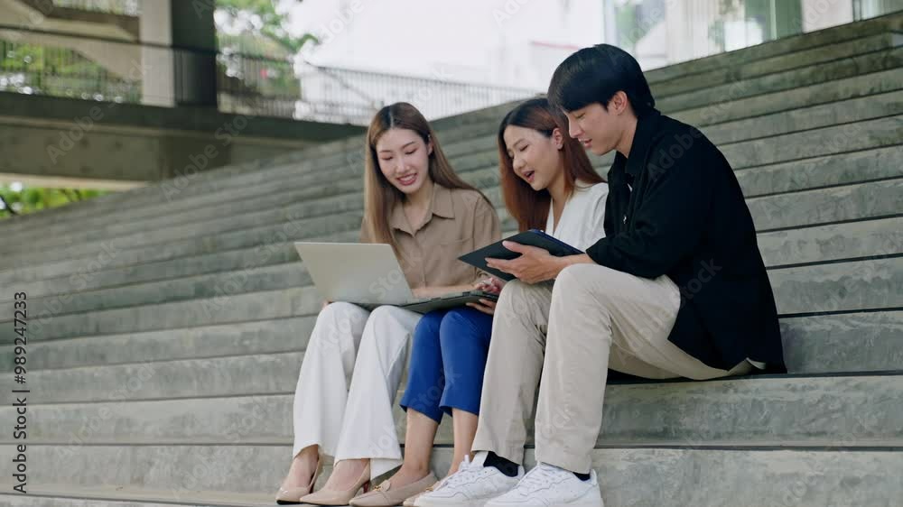 Asian Creative agency business people talking and sitting on steps at office tower,discussion and relax.Asian men and women as journalist with conversation,opinion and listening in workplace stairs Asian Creative agency business people talking and sitting on steps at office tower,discussion and relax.Asian men and women as journalist with conversation,opinion and listening in workplace stairs