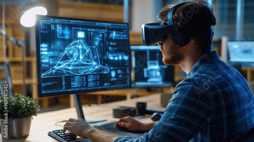 product designer working with AI technology, wearing VR headset, is immersed in digital environment. screens display complex simulations and data visualizations, showcasing innovation and creativity