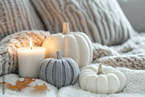 cozy nordic winter aesthetic home interior design decor background featuring candles and gray and white pumpkins, soft blanket and copy space