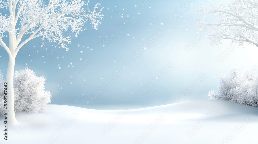 Fototapeta premium Quiet snowy landscape with gentle snowfall, white trees, and a pale blue sky, capturing the stillness and calm of a winter day.