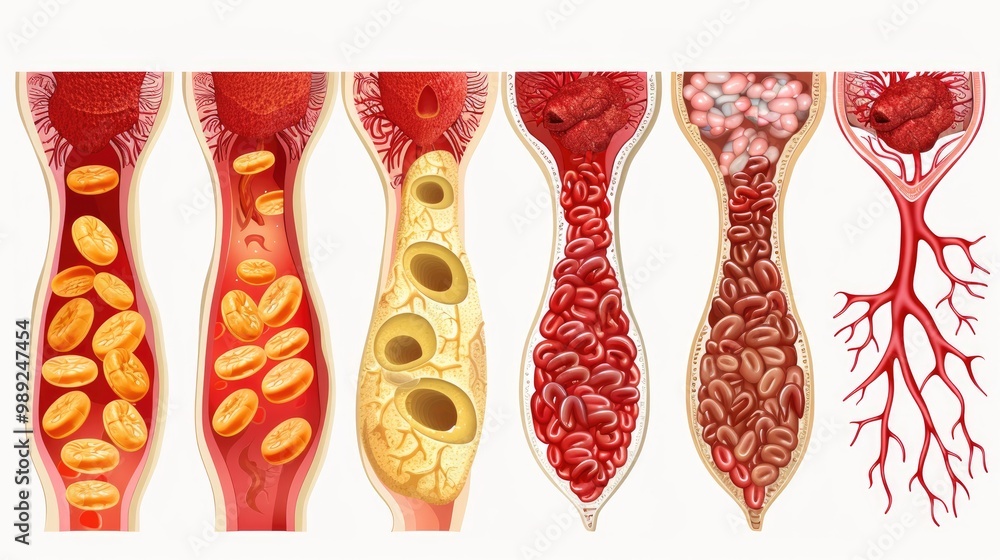 Photo A graphic illustration of the stages of atherosclerosis, showing ...