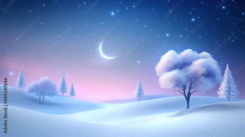 Naklejka premium Quiet winter night with snow-covered trees under a clear star-filled sky, soft moonlight glowing over the serene landscape.