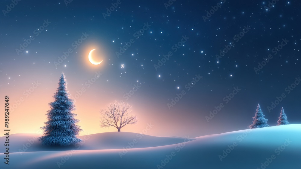 Fototapeta premium Quiet winter night with snow-covered trees under a clear star-filled sky, soft moonlight glowing over the serene landscape.