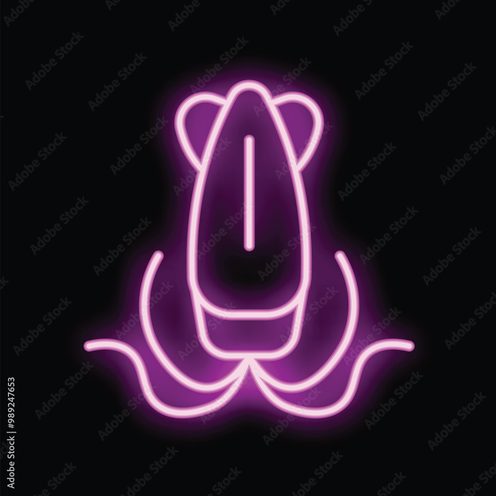 Fototapeta premium Glowing neon icon of a hot iron emitting steam on a black background