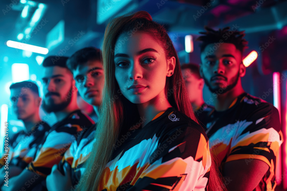 Group of young adult gamers wearing team jerseys standing with arms crossed in a gaming arena illuminated with neon lights Group of young adult gamers wearing team jerseys standing with arms crossed in a gaming arena illuminated with neon lights