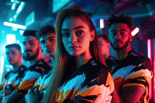 Group of young adult gamers wearing team jerseys standing with arms crossed in a gaming arena illuminated with neon lights