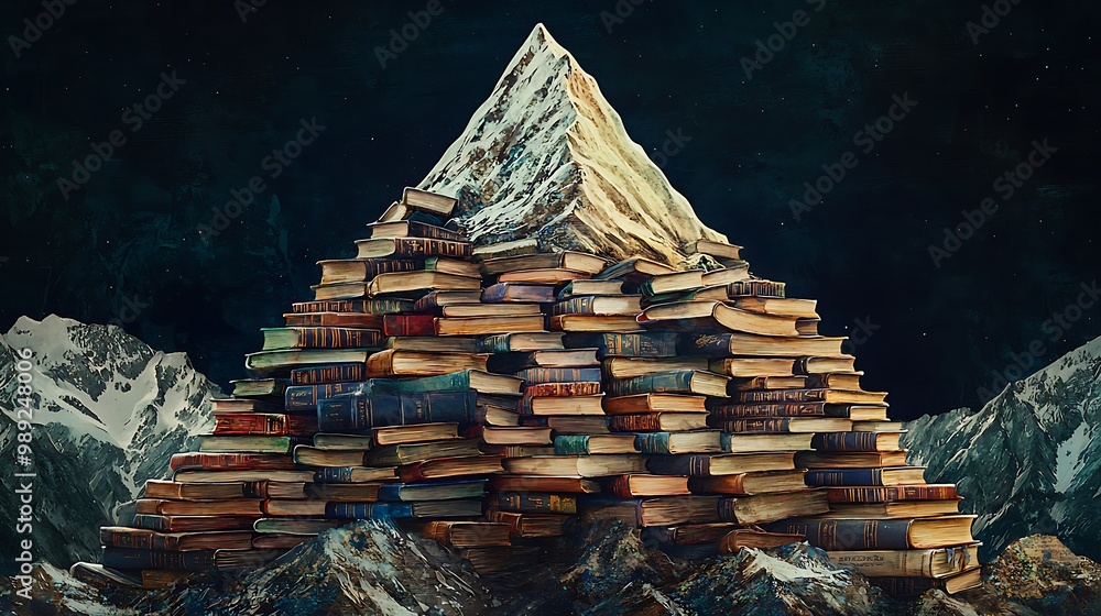 Towering Tomb of Knowledge - A fantastical mountain of books on deep navy with warm brown and cream hues, structured composition, and rich textures in warm lighting. Towering Tomb of Knowledge - A fantastical mountain of books on deep navy with warm brown and cream hues, structured composition, and rich textures in warm lighting.