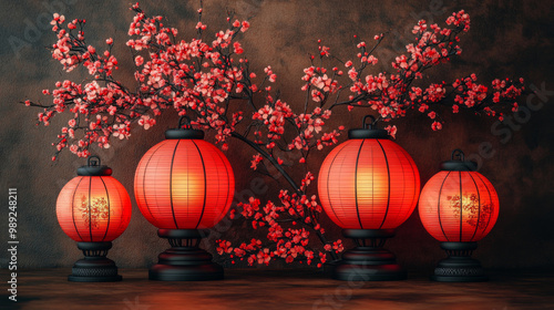 Red Lanterns and Cherry Blossoms Against Dark Background photo