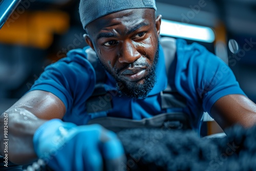 Focused African American man in a workshop environment wearing gloves and a hat, performing a detailed task. concentration with sweat, depicting hard work and craftsmanship in a blue-toned setting.