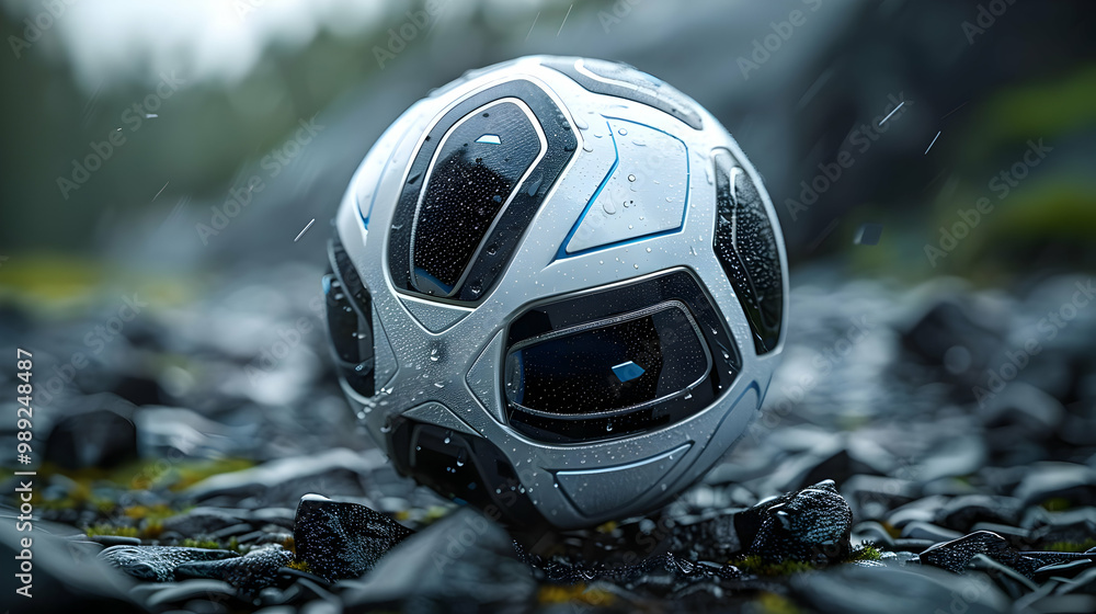 Fototapeta premium Futuristic Soccer Ball in Rain - 3D Illustration