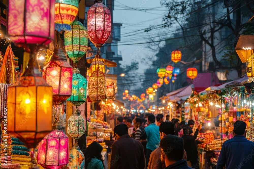 bustling market street during Diwali festival, filled with stalls selling colorful lanterns, decorations, and traditional sweets. The lively atmosphere and vibrant colors bustling market street during Diwali festival, filled with stalls selling colorful lanterns, decorations, and traditional sweets. The lively atmosphere and vibrant colors