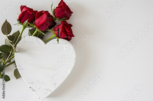 White Wooden Heart & Red Roses Valentine's Day