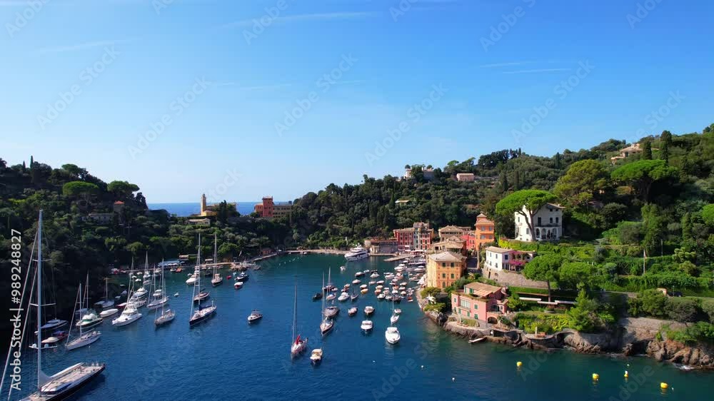 Portofino - italy - Aerial view with panning along the harbor along the quayside Portofino - italy - Aerial view with panning along the harbor along the quayside