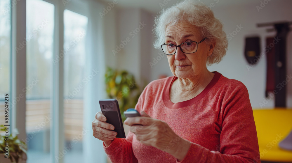 Elderly woman using a fitness app, home exercise program, determination in her eyes Elderly woman using a fitness app, home exercise program, determination in her eyes
