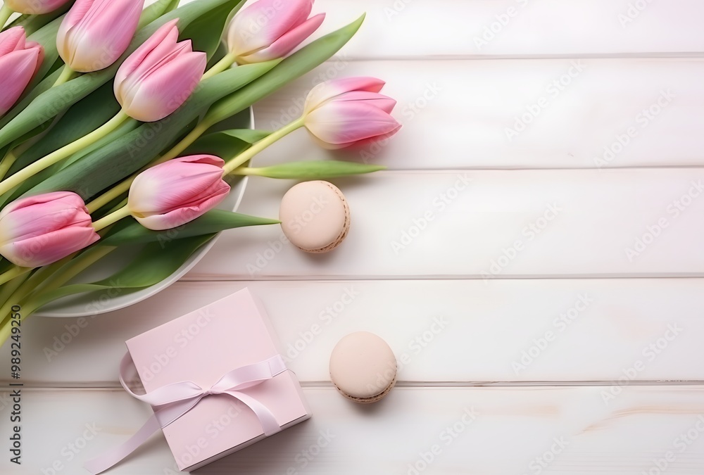 Fototapeta premium Pink Tulips, Macarons & Gift Box on White Wooden Table