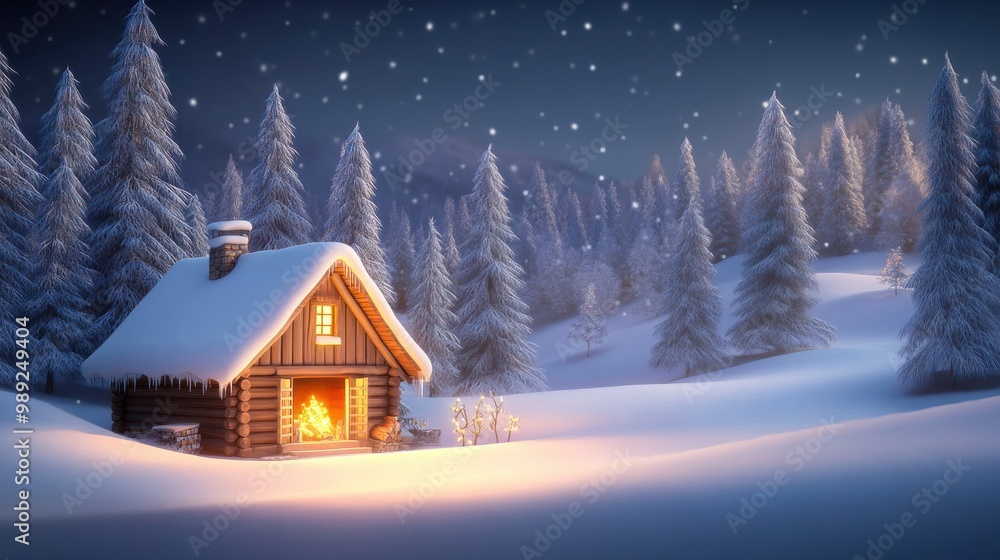 Rustic winter cabin with snow-covered roof, glowing fireplace light, and a snowy forest surrounding the peaceful, cozy retreat. Rustic winter cabin with snow-covered roof, glowing fireplace light, and a snowy forest surrounding the peaceful, cozy retreat.