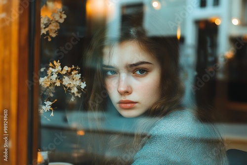 beautiful young adult woman looking sad seen through a cafe window looking to the distance. Online dating challenges. Being stood up. Ghosting. photo