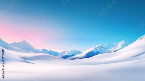 Serene winter landscape with a snow-filled valley, distant snow-capped mountains, and a clear, cold sky. The perfect winter background.