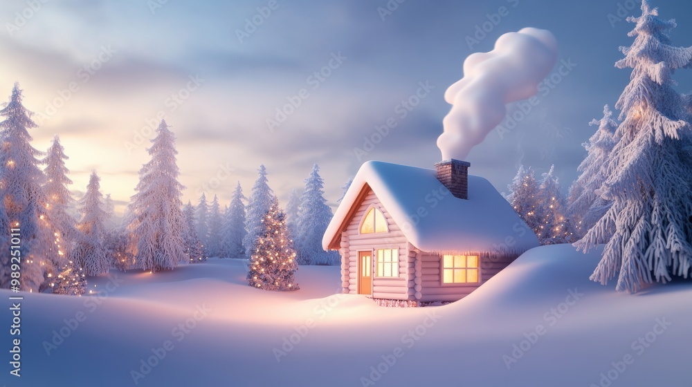 Naklejka premium Snow-covered cabin nestled in a winter forest, warm lights glowing through frosted windows, and smoke rising from the chimney, creating a cozy atmosphere.