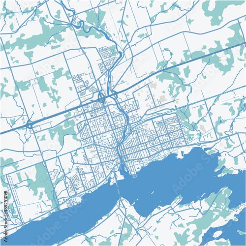 Map of Belleville in Canada in a professional blue style. Contains layered vector with roads water, parks, etc.