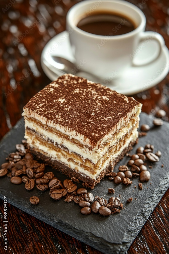 Tiramisu, served on dark slate. Italian tiramisu cake. studio lighting. Tiramisu, served on dark slate. Italian tiramisu cake. studio lighting.