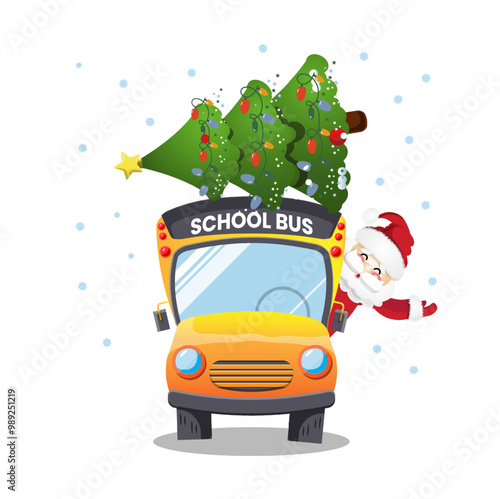 happy new year , santa  in schoolbus with christmas tree, festive celebrate
