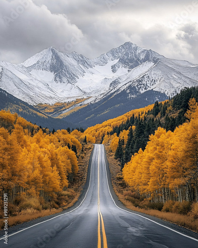 Winding road through an autumn forest lined with golden aspen trees leading to snow-capped mountains under dramatic cloudy skies, capturing the beauty of fall and nature's journey photo