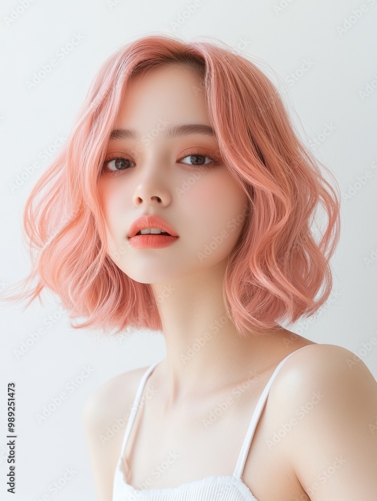 A young woman with soft pink hair and a natural makeup look, exuding beauty and confidence in a bright, minimalistic setting. A young woman with soft pink hair and a natural makeup look, exuding beauty and confidence in a bright, minimalistic setting.