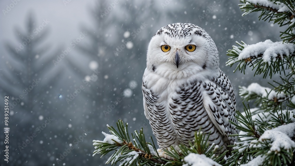 Snowy owl perched on a pine branch against a wintry snowfall background with copy space Snowy owl perched on a pine branch against a wintry snowfall background with copy space
