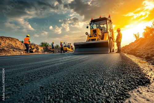 Construction workers and road equipment building new highway