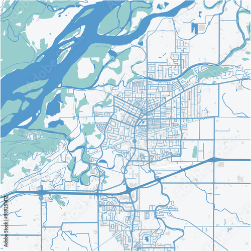 Map of Chilliwack in Canada in a professional blue style. Contains layered vector with roads water, parks, etc.