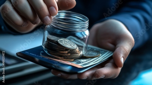 A hand places coins into a glass jar on top of a stack of dollar bills, symbolizing saving money and financial management. photo