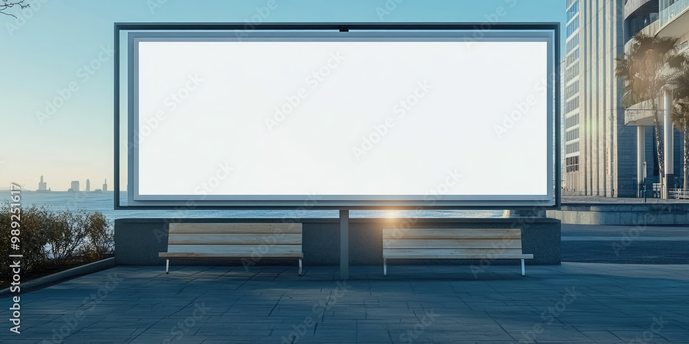 Large blank billboard standing next to the seafront with benches Large blank billboard standing next to the seafront with benches