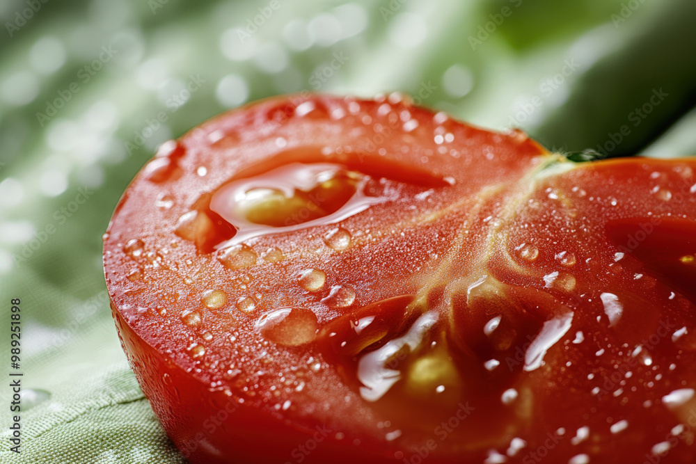 Macro photograph capturing the freshness of a tomato slice with glistening water droplets Macro photograph capturing the freshness of a tomato slice with glistening water droplets