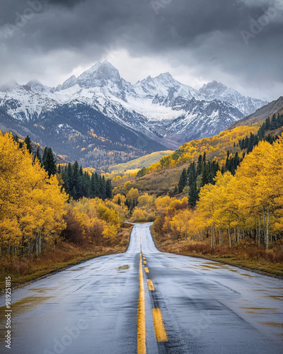 Winding road through an autumn forest lined with golden aspen trees leading to snow-capped mountains under dramatic cloudy skies, capturing the beauty of fall and nature's journey photo