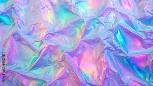 Crumpled holographic foil texture background reflecting rainbow colors