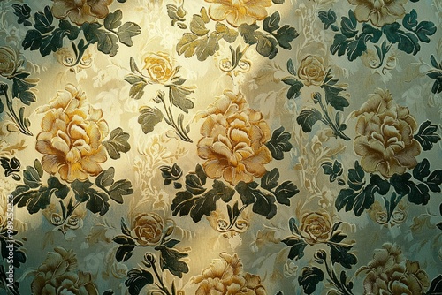 Close-up of an embossed floral wallpaper with dark green leaves and light brown roses