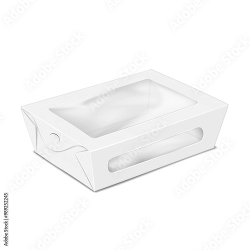 Paperboard flat pack takeout lunch box with two clear windows. 3d mockup. White paper flatpack takeaway food container. Realistic vector mock-up. Take out disposable packaging. Template