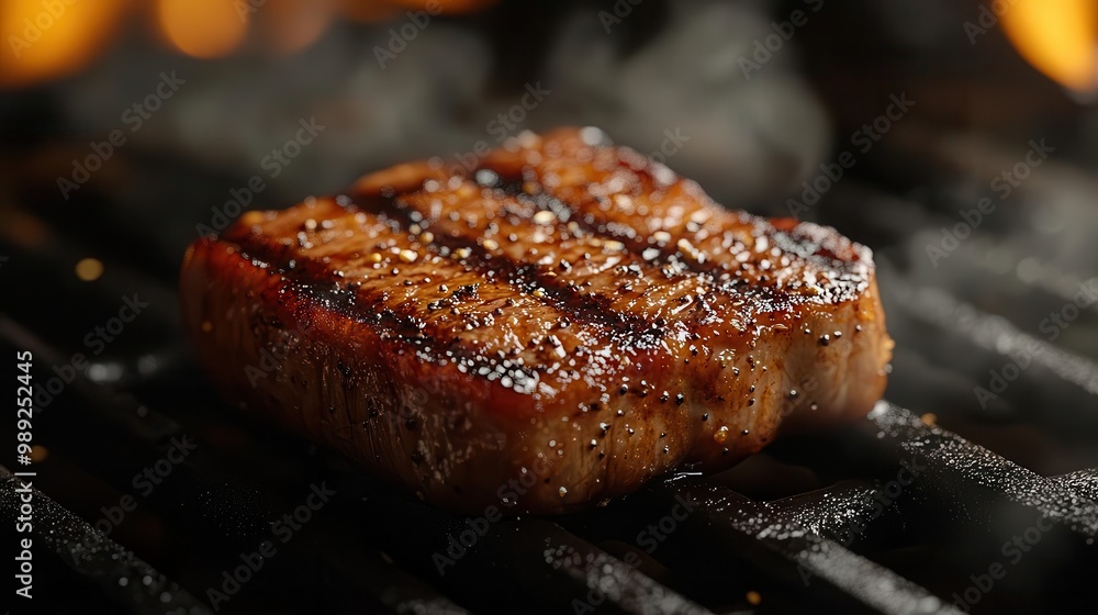 succulent pork chop midair sizzling with grill marks and seasoning realistic 3d render showcasing juicy texture and char smoke wisps add drama succulent pork chop midair sizzling with grill marks and seasoning realistic 3d render showcasing juicy texture and char smoke wisps add drama