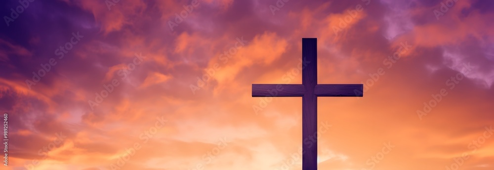 Wooden Cross Against Sunset Sky, Easter Symbol Wooden Cross Against Sunset Sky, Easter Symbol