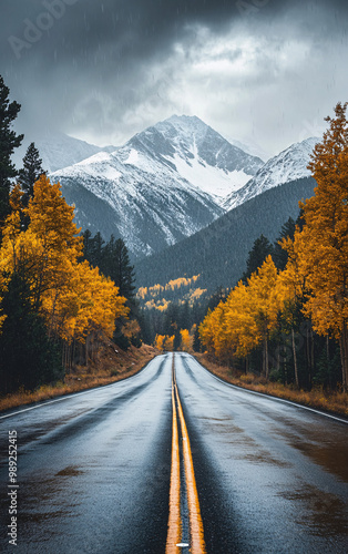 Winding road through an autumn forest lined with golden aspen trees leading to snow-capped mountains under dramatic cloudy skies, capturing the beauty of fall and nature's journey photo