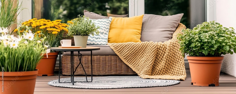 Fototapeta premium Patio with a cozy throw blanket, a tiny table, and potted plants