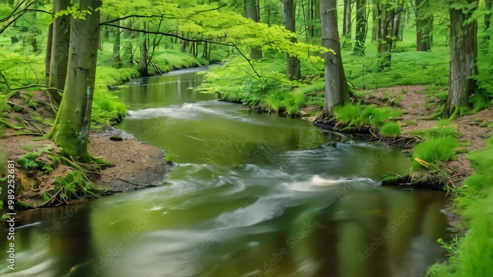 A serene stream flows through a verdant forest, its waters reflecting the surrounding greenery, A tranquil stream meandering through a lush forest