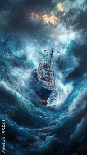 A ship struggles to navigate through towering waves and stormy seas, showcasing the power and danger of ocean storms.