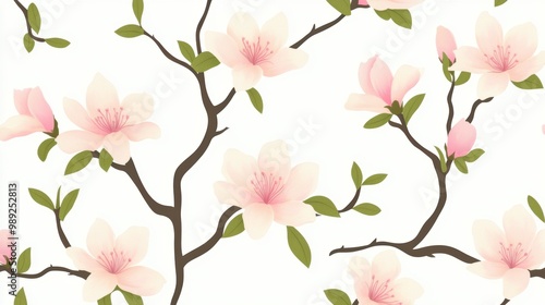 Blossoming pink flowers green leaves on branches pattern