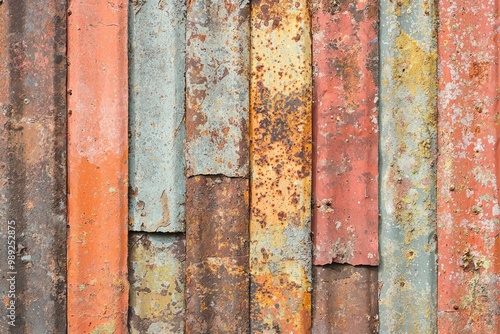 Close-up of a weathered metal surface with rust and peeling paint